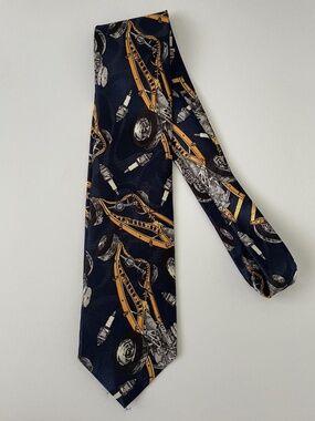 Vintage Home Improvement Mechanic Necktie Navy Yellow Cars Tools Garage 90s